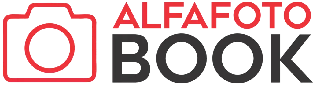 Logotipo do Alfafotobook Pro com câmera estilizada em vermelho e preto.